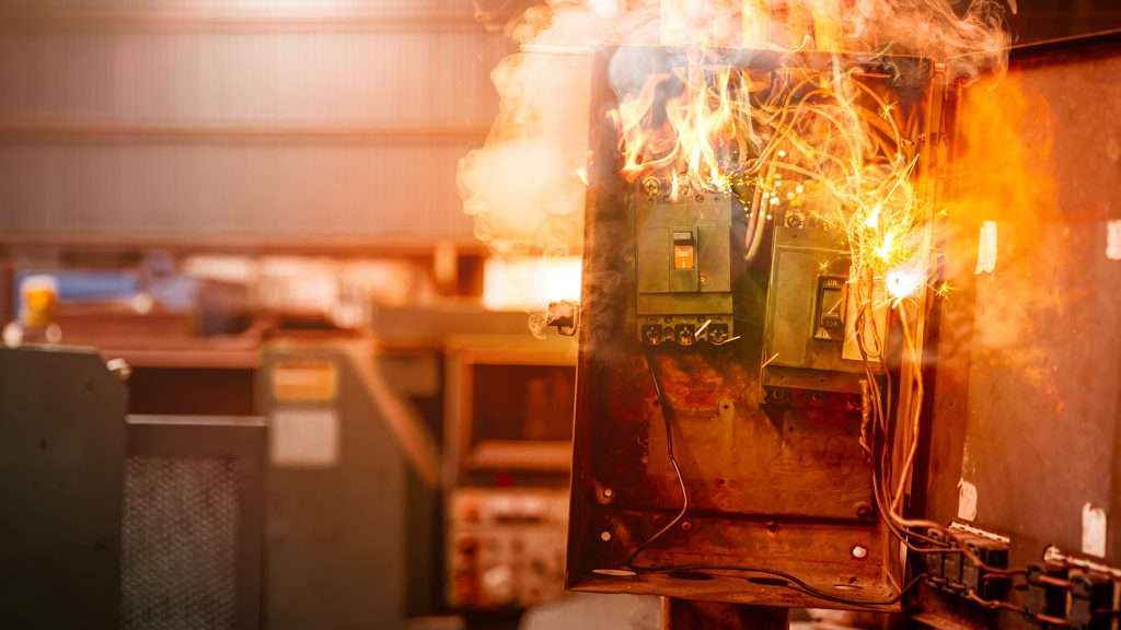 Electrical board on fire in the workplace.