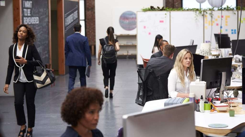 Business team working in modern open plan office